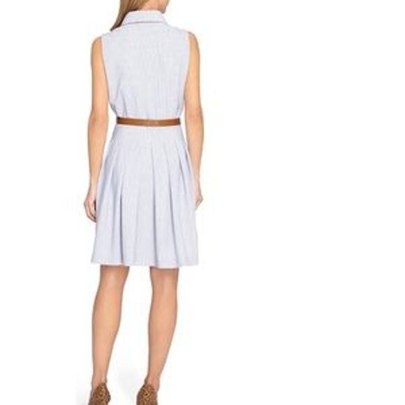 Tahari NWOT Blue White Pinstripe Sleeveless Collared Belted Shirt Dress Size 16 - Picture 2 of 11